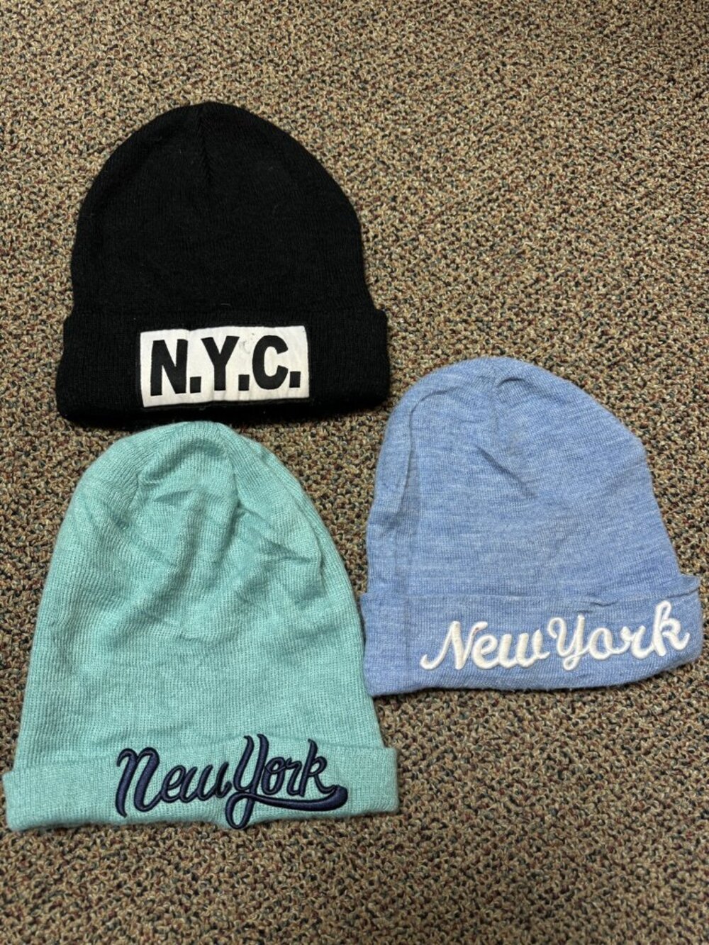Lot Of 3 NYC New York City Beanie Blue Black Knit Hat Cap Winter Youth or Adult